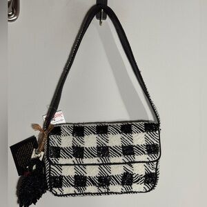 T.J.Maxx Black and White Plaid Beaded Shoulder Bag